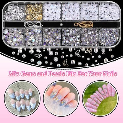 3D Assorted Nail Charms Gems - Bow, Butterfly, Flower, Pearl & Rhinestone DIY Nail Art Accessories | Pink Mixed Set