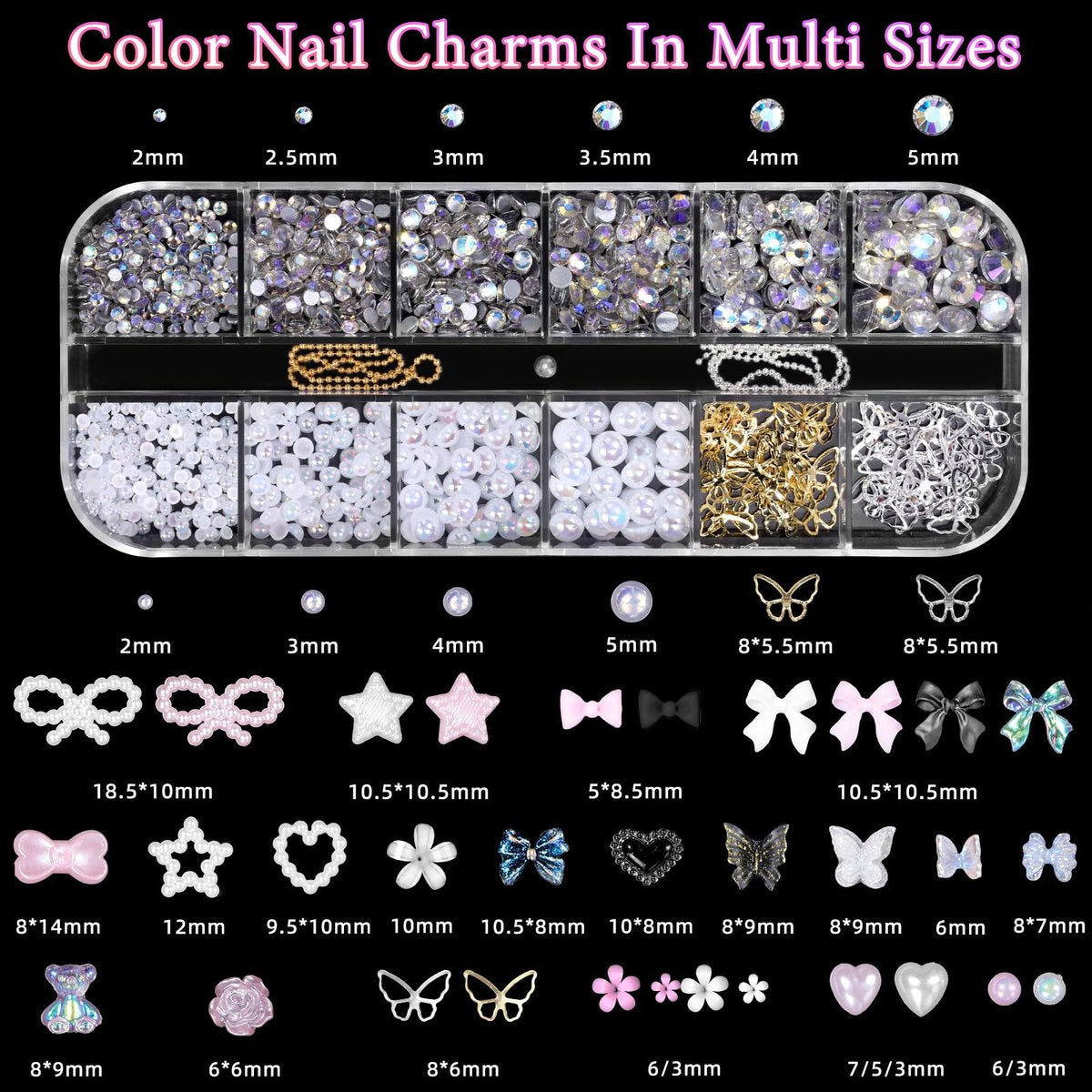 3D Assorted Nail Charms Gems - Bow, Butterfly, Flower, Pearl & Rhinestone DIY Nail Art Accessories | Pink Mixed Set - görsel 3