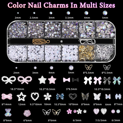 3D Assorted Nail Charms Gems - Bow, Butterfly, Flower, Pearl & Rhinestone DIY Nail Art Accessories | Pink Mixed Set