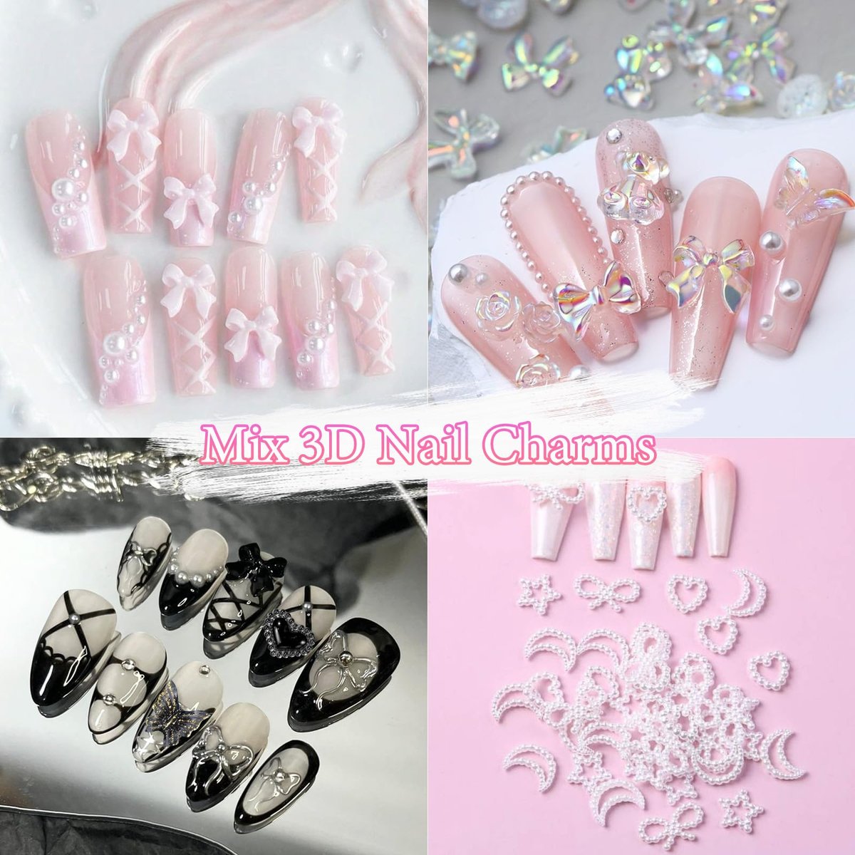3D Assorted Nail Charms Gems - Bow, Butterfly, Flower, Pearl & Rhinestone DIY Nail Art Accessories | Pink Mixed Set - görsel 11