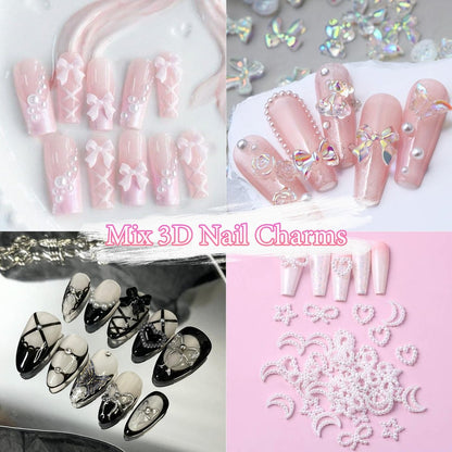3D Assorted Nail Charms Gems - Bow, Butterfly, Flower, Pearl & Rhinestone DIY Nail Art Accessories | Pink Mixed Set