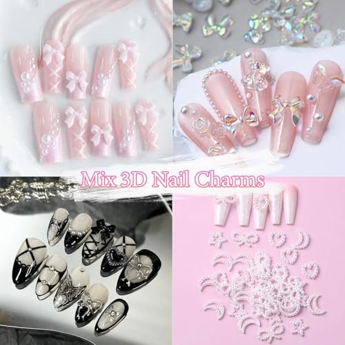 3D Assorted Nail Charms Gems - Bow, Butterfly, Flower, Pearl & Rhinestone DIY Nail Art Accessories | Pink Mixed Set - görsel 12