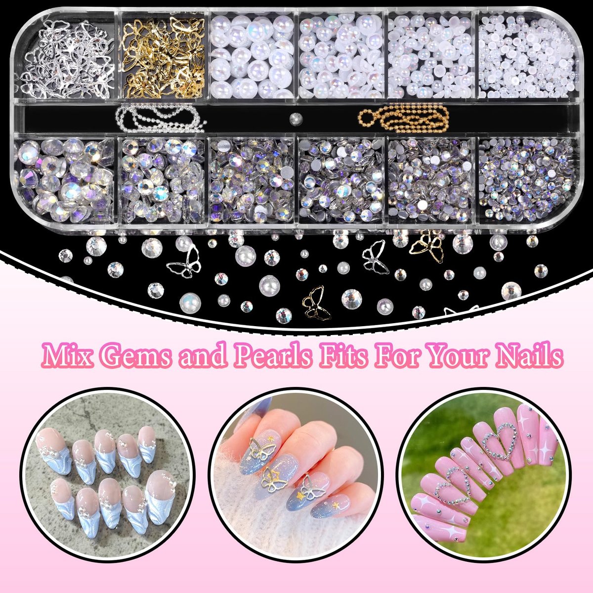 3D Assorted Nail Charms Gems - Bow, Butterfly, Flower, Pearl & Rhinestone DIY Nail Art Accessories | Pink Mixed Set - görsel 9
