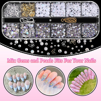 3D Assorted Nail Charms Gems - Bow, Butterfly, Flower, Pearl & Rhinestone DIY Nail Art Accessories | Pink Mixed Set