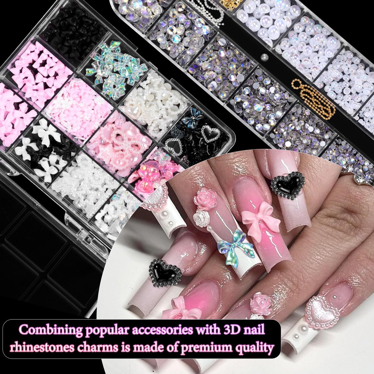3D Assorted Nail Charms Gems - Bow, Butterfly, Flower, Pearl & Rhinestone DIY Nail Art Accessories | Pink Mixed Set - görsel 7