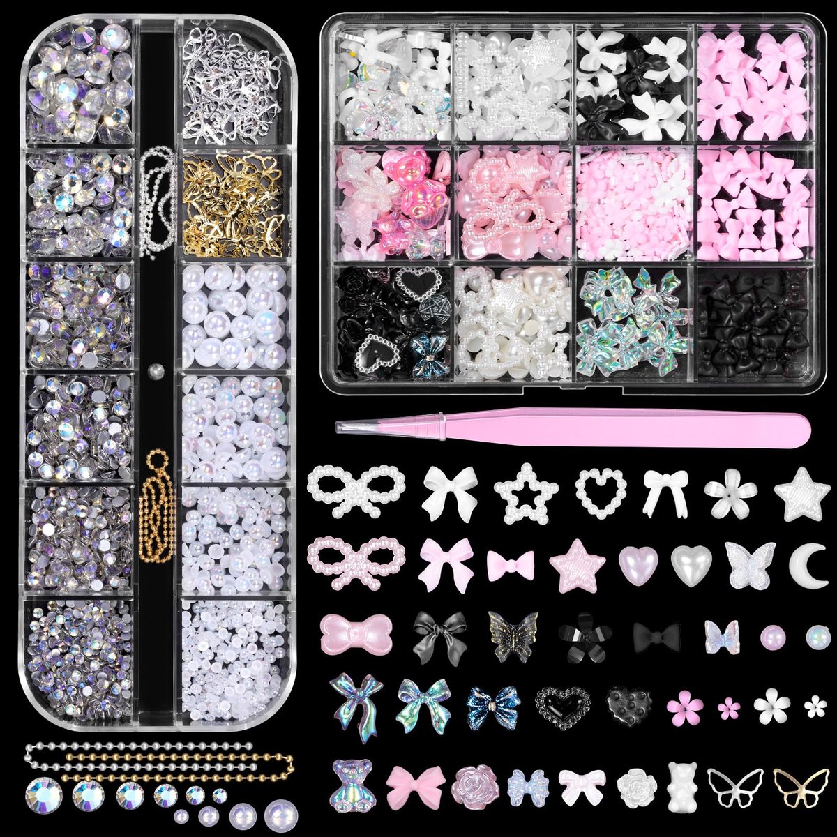 3D Assorted Nail Charms Gems - Bow, Butterfly, Flower, Pearl & Rhinestone DIY Nail Art Accessories | Pink Mixed Set - görsel 1