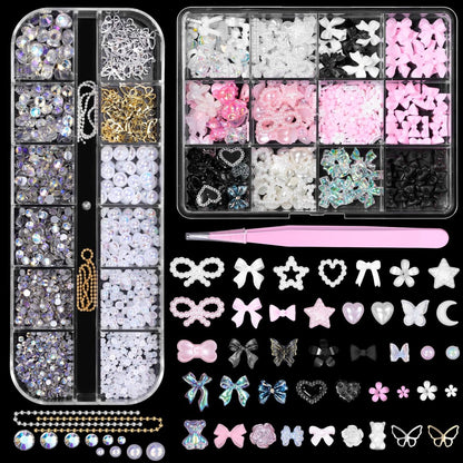 3D Assorted Nail Charms Gems - Bow, Butterfly, Flower, Pearl & Rhinestone DIY Nail Art Accessories | Pink Mixed Set