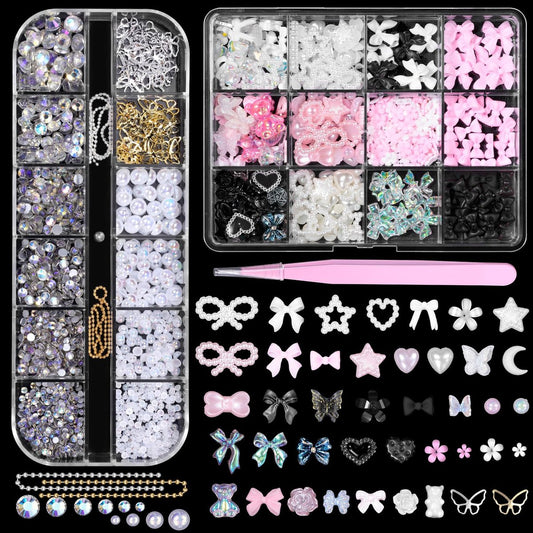 3D Assorted Nail Charms Gems - Bow, Butterfly, Flower, Pearl & Rhinestone DIY Nail Art Accessories | Pink Mixed Set