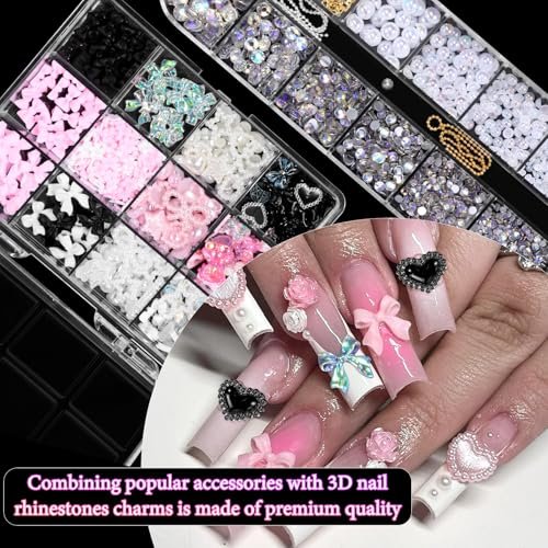 3D Assorted Nail Charms Gems - Bow, Butterfly, Flower, Pearl & Rhinestone DIY Nail Art Accessories | Pink Mixed Set - görsel 8