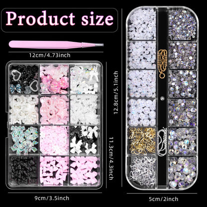 3D Assorted Nail Charms Gems - Bow, Butterfly, Flower, Pearl & Rhinestone DIY Nail Art Accessories | Pink Mixed Set