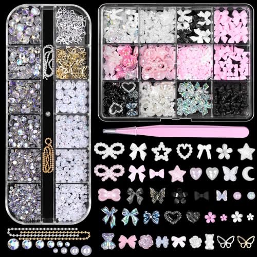 3D Assorted Nail Charms Gems - Bow, Butterfly, Flower, Pearl & Rhinestone DIY Nail Art Accessories | Pink Mixed Set - görsel 2