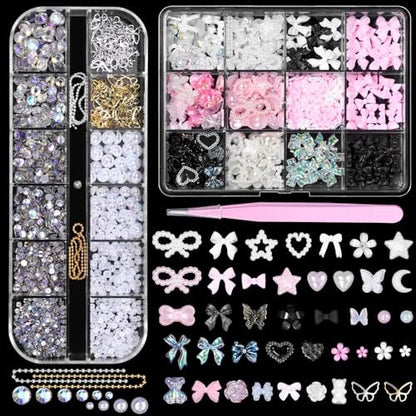 3D Assorted Nail Charms Gems - Bow, Butterfly, Flower, Pearl & Rhinestone DIY Nail Art Accessories | Pink Mixed Set