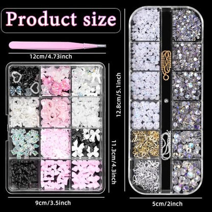 3D Assorted Nail Charms Gems - Bow, Butterfly, Flower, Pearl & Rhinestone DIY Nail Art Accessories | Pink Mixed Set