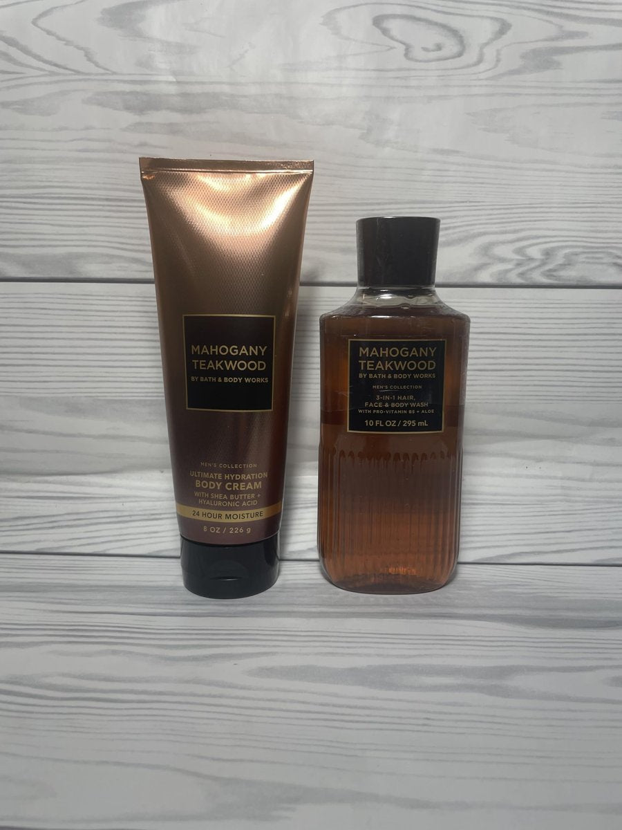 Bath & Body Works Mahogany Teakwood Men's 3-in-1 Hair, Face & Body Wash and Body Cream 2 Piece Set Avelisse