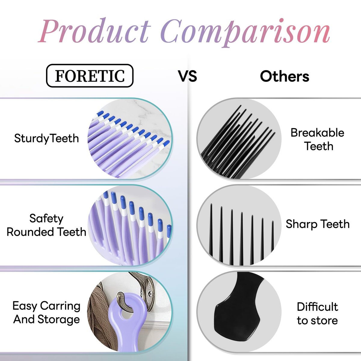 Foretic Smooth Hair Pick Comb for Curly, Thick, Medium to Long Hair, Facial Hair (Pink, Purple) - görsel 7