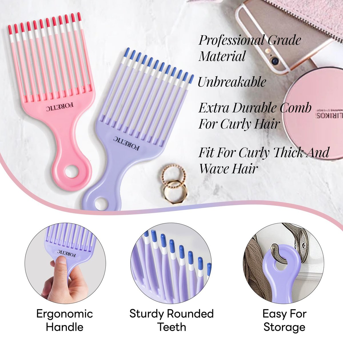 Foretic Smooth Hair Pick Comb for Curly, Thick, Medium to Long Hair, Facial Hair (Pink, Purple) - görsel 13