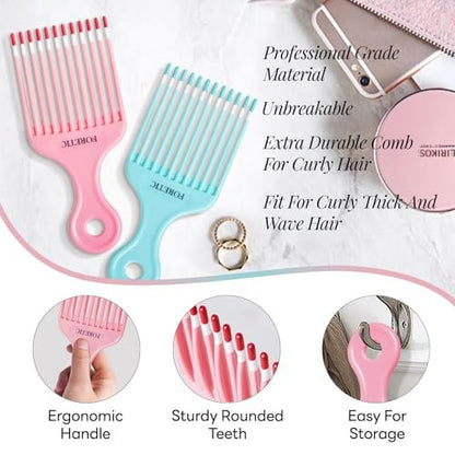 Foretic Smooth Hair Pick Comb for Curly, Thick, Medium to Long Hair - 6.9 inch (Blue, Pink)