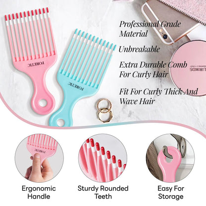 Foretic Smooth Hair Pick Comb for Curly, Thick, Medium to Long Hair - 6.9 inch (Blue, Pink)