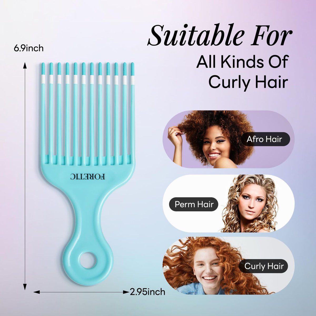 Foretic Smooth Hair Pick Comb for Curly, Thick, Medium to Long Hair - 6.9 inch (Blue, Pink) - görsel 5