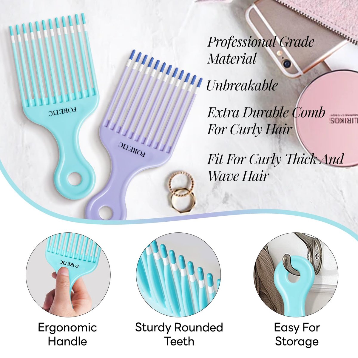 Foretic Smooth Hair Pick Comb for Curly, Thick, Medium to Long Hair, Facial Hair (Blue, Purple) - görsel 12