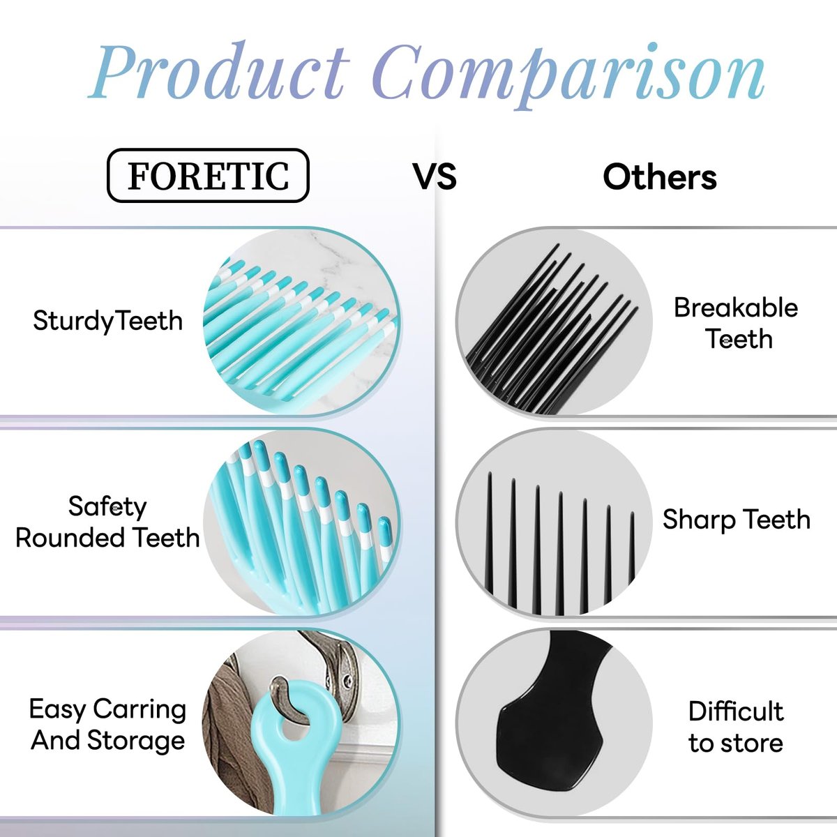 Foretic Smooth Hair Pick Comb for Curly, Thick, Medium to Long Hair, Facial Hair (Blue, Purple) - görsel 6