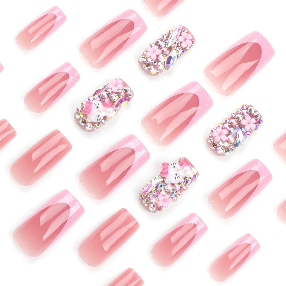 PDFADSK Pink Glitter French Tip Press on Nails Medium Square - Glossy Rhinestones Full Cover Coffin False Nails for Women 24Pcs - görsel 9