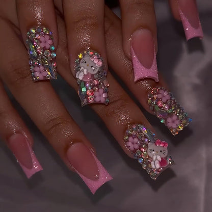 PDFADSK Pink Glitter French Tip Press on Nails Medium Square - Glossy Rhinestones Full Cover Coffin False Nails for Women 24Pcs