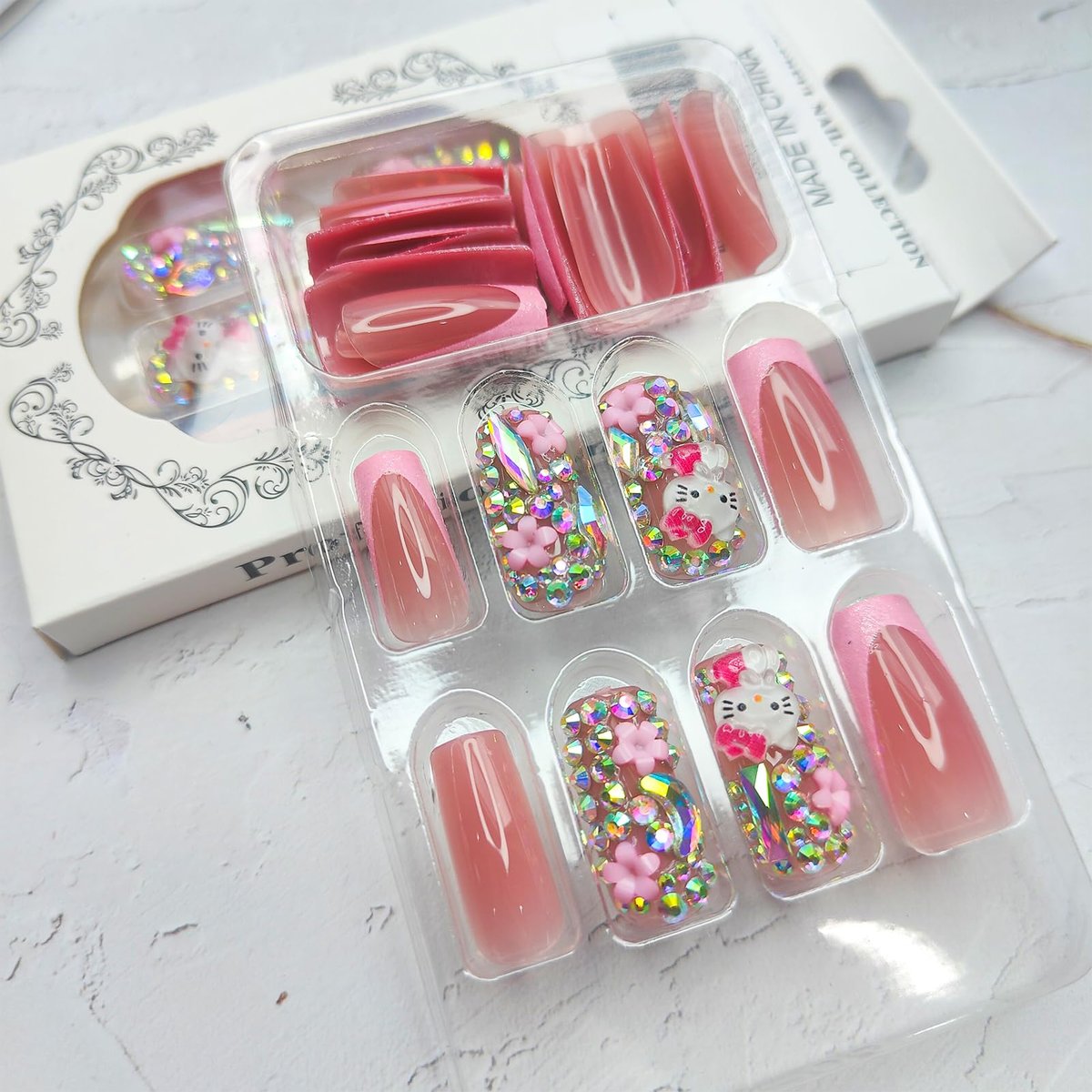 PDFADSK Pink Glitter French Tip Press on Nails Medium Square - Glossy Rhinestones Full Cover Coffin False Nails for Women 24Pcs - görsel 5
