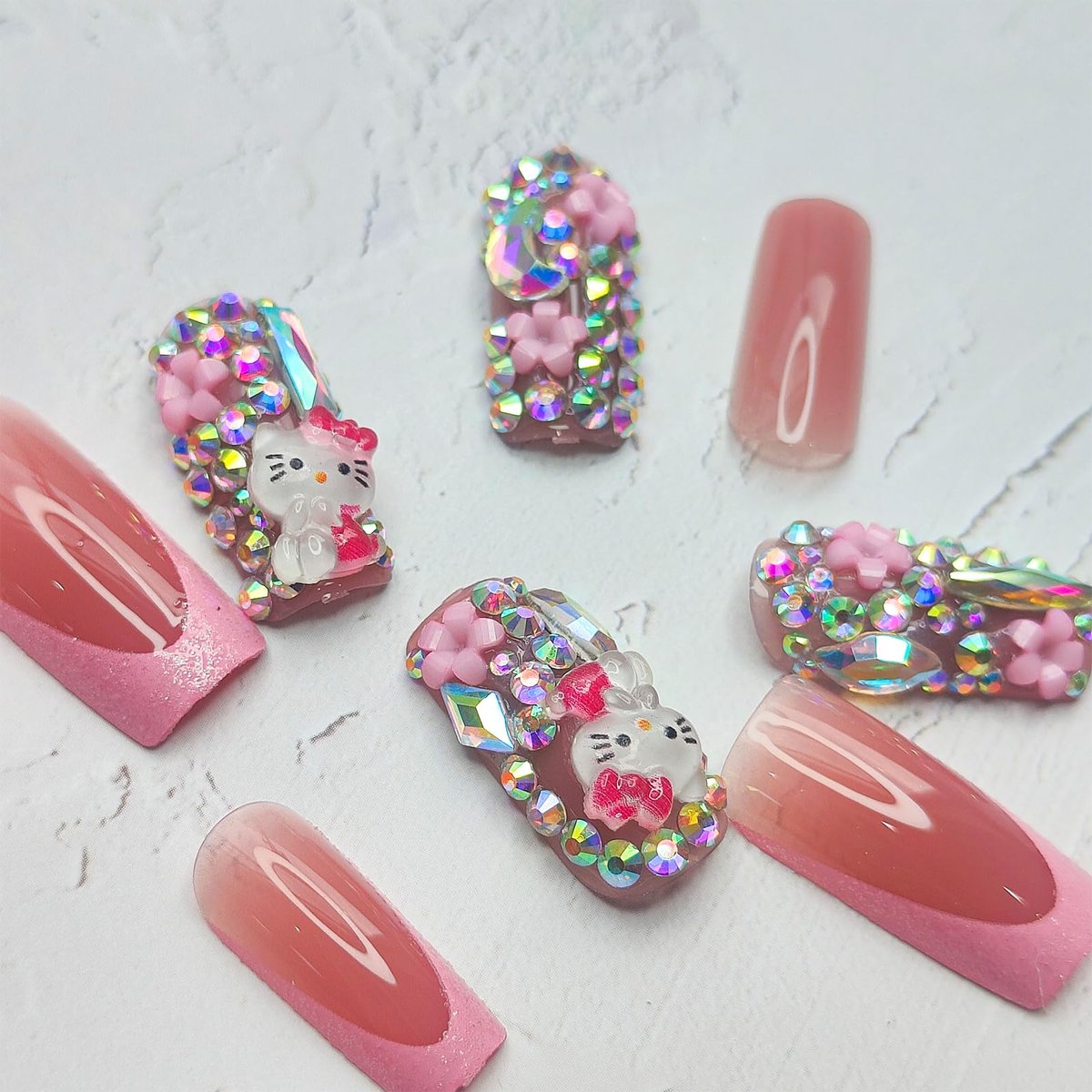 PDFADSK Pink Glitter French Tip Press on Nails Medium Square - Glossy Rhinestones Full Cover Coffin False Nails for Women 24Pcs - görsel 7
