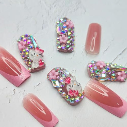 PDFADSK Pink Glitter French Tip Press on Nails Medium Square - Glossy Rhinestones Full Cover Coffin False Nails for Women 24Pcs
