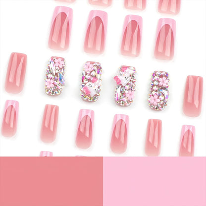 PDFADSK Pink Glitter French Tip Press on Nails Medium Square - Glossy Rhinestones Full Cover Coffin False Nails for Women 24Pcs