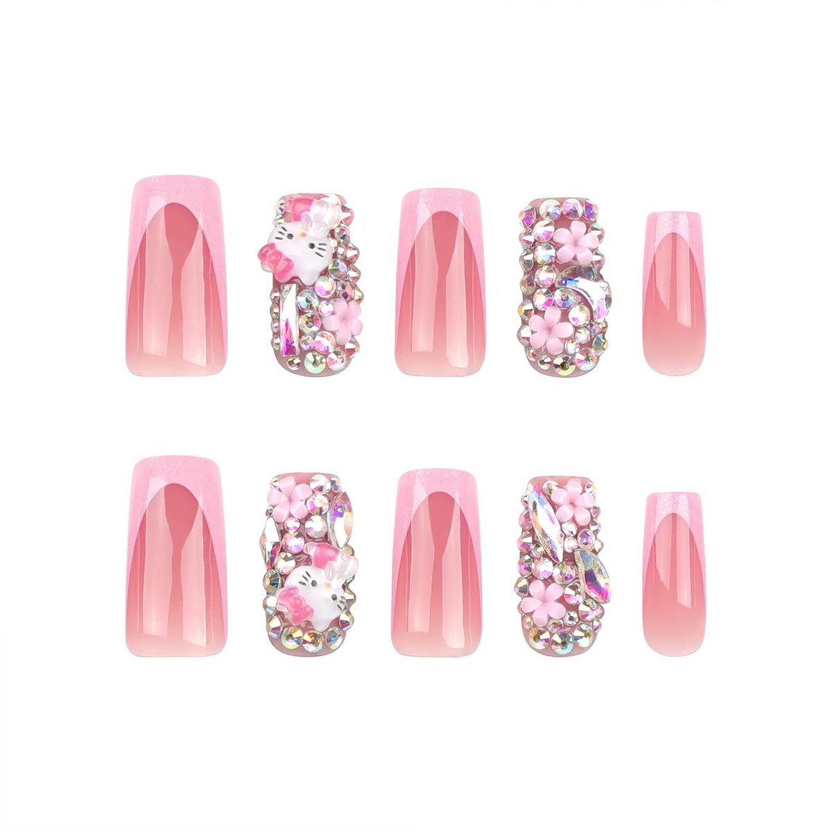 PDFADSK Pink Glitter French Tip Press on Nails Medium Square - Glossy Rhinestones Full Cover Coffin False Nails for Women 24Pcs - görsel 11