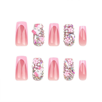 PDFADSK Pink Glitter French Tip Press on Nails Medium Square - Glossy Rhinestones Full Cover Coffin False Nails for Women 24Pcs