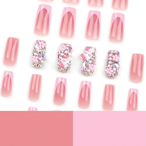 PDFADSK Pink Glitter French Tip Press on Nails Medium Square - Glossy Rhinestones Full Cover Coffin False Nails for Women 24Pcs - görsel 4
