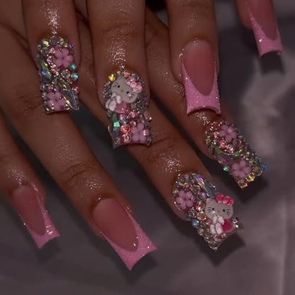 PDFADSK Pink Glitter French Tip Press on Nails Medium Square - Glossy Rhinestones Full Cover Coffin False Nails for Women 24Pcs