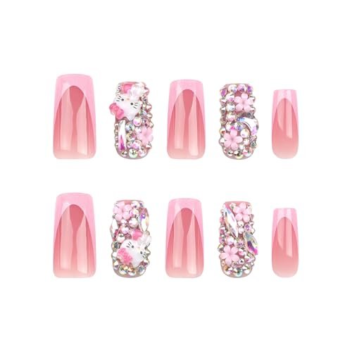 PDFADSK Pink Glitter French Tip Press on Nails Medium Square - Glossy Rhinestones Full Cover Coffin False Nails for Women 24Pcs - görsel 12