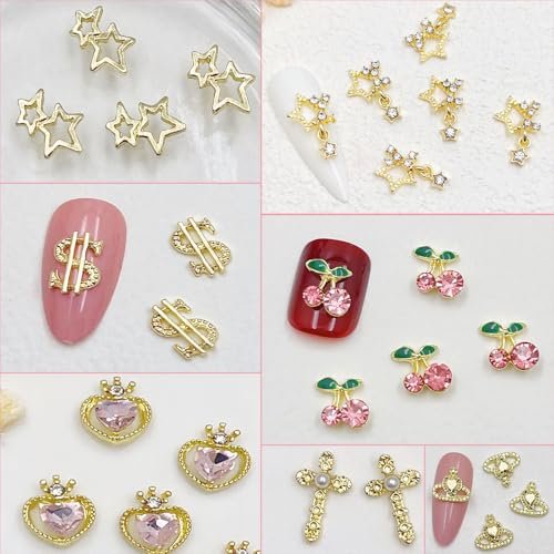 KACHIMOO 106 PCS Gold Nail Charms 3D Nail Art Charms - Cherry, Butterfly, Cross, Bow, Star, Heart, Dollar - DIY Nail Decorations for Women - görsel 6