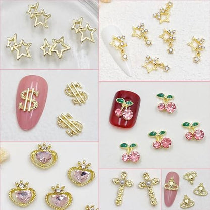 KACHIMOO 106 PCS Gold Nail Charms 3D Nail Art Charms - Cherry, Butterfly, Cross, Bow, Star, Heart, Dollar - DIY Nail Decorations for Women