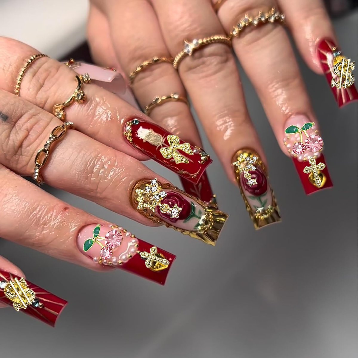 KACHIMOO 106 PCS Gold Nail Charms 3D Nail Art Charms - Cherry, Butterfly, Cross, Bow, Star, Heart, Dollar - DIY Nail Decorations for Women - görsel 10