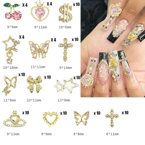 KACHIMOO 106 PCS Gold Nail Charms 3D Nail Art Charms - Cherry, Butterfly, Cross, Bow, Star, Heart, Dollar - DIY Nail Decorations for Women - görsel 4