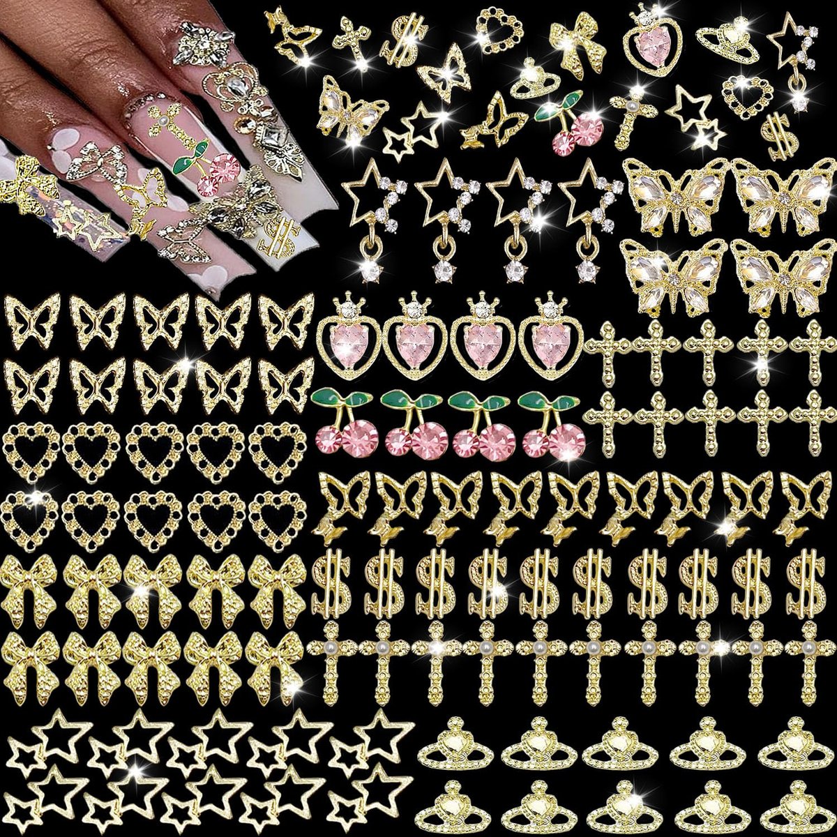 KACHIMOO 106 PCS Gold Nail Charms 3D Nail Art Charms - Cherry, Butterfly, Cross, Bow, Star, Heart, Dollar - DIY Nail Decorations for Women - görsel 1