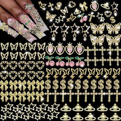 KACHIMOO 106 PCS Gold Nail Charms 3D Nail Art Charms - Cherry, Butterfly, Cross, Bow, Star, Heart, Dollar - DIY Nail Decorations for Women