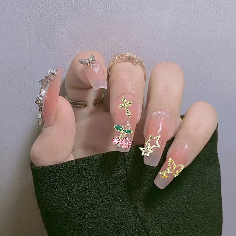 KACHIMOO 106 PCS Gold Nail Charms 3D Nail Art Charms - Cherry, Butterfly, Cross, Bow, Star, Heart, Dollar - DIY Nail Decorations for Women - görsel 13