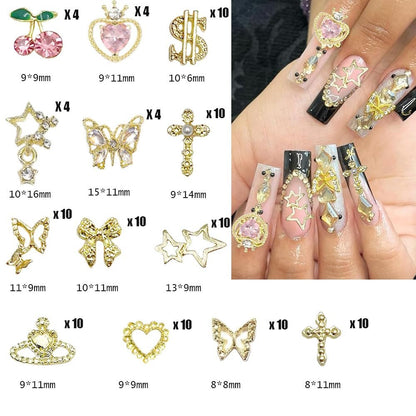 KACHIMOO 106 PCS Gold Nail Charms 3D Nail Art Charms - Cherry, Butterfly, Cross, Bow, Star, Heart, Dollar - DIY Nail Decorations for Women