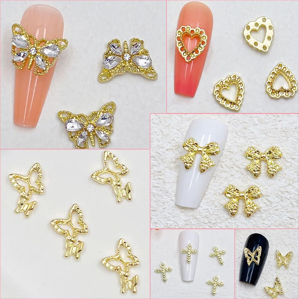 KACHIMOO 106 PCS Gold Nail Charms 3D Nail Art Charms - Cherry, Butterfly, Cross, Bow, Star, Heart, Dollar - DIY Nail Decorations for Women - görsel 7