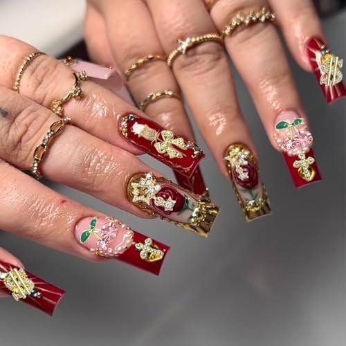 KACHIMOO 106 PCS Gold Nail Charms 3D Nail Art Charms - Cherry, Butterfly, Cross, Bow, Star, Heart, Dollar - DIY Nail Decorations for Women - görsel 11