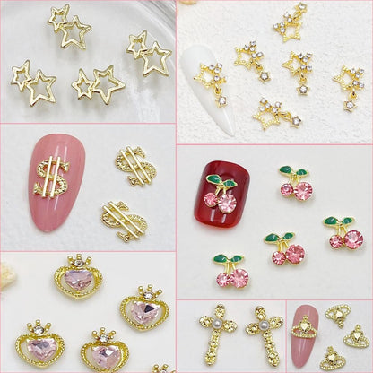 KACHIMOO 106 PCS Gold Nail Charms 3D Nail Art Charms - Cherry, Butterfly, Cross, Bow, Star, Heart, Dollar - DIY Nail Decorations for Women