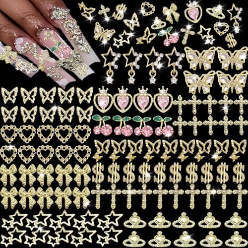 KACHIMOO 106 PCS Gold Nail Charms 3D Nail Art Charms - Cherry, Butterfly, Cross, Bow, Star, Heart, Dollar - DIY Nail Decorations for Women - görsel 2