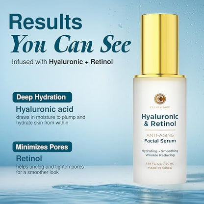 Clear Visage Hyaluronic Acid Serum with Retinol - Anti-Aging Korean Skin Care, Deep Hydration & Wrinkle Support, Dermatologist Tested, Vegan, 1.69 Fl Oz