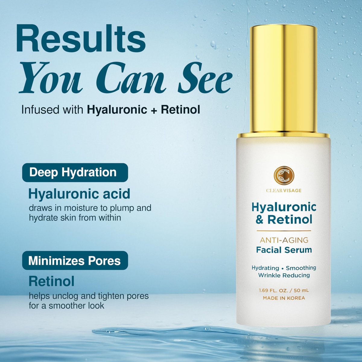 Clear Visage Hyaluronic Acid Serum with Retinol - Anti-Aging Korean Skin Care, Deep Hydration & Wrinkle Support, Dermatologist Tested, Vegan, 1.69 Fl Oz - görsel 5